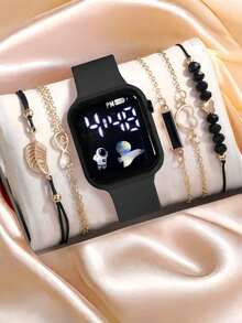 6 Stück/Set 1 Stück neue LED Digital Anzeige Quadratische Elektronische Uhr + 5/4 Stück Armband Schwarzes Seil Schwarze Perle Liebe Ziffer 8 Blatt Armband Vintage Stil Schwarzes Geometrisches Quadrat 5 Stück Armband Horoskop, Liebe, Geometrisches Quadrat, Blatt Armband Die beste Wahl für Halloween, Weihnachten, Valentinstag, Muttertag, Feiertagsgeschenke