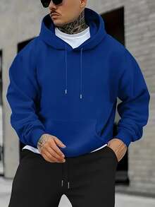 GRDR Men's Casual Street Hooded Sweatshirt, Solid Color With Thermal Lining, Loose Fit, Autumn/Winter - Royal Blue - View 5