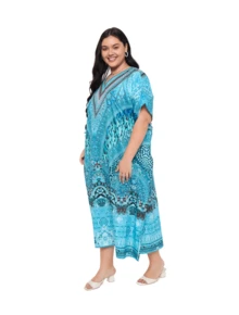 Gypsie Blu Women Kaftan Dress Plus Size Beach Coverup Loungewear Nightdress Summer Night Gown Maxi Length Caftan - 薄荷藍 - 查看 3