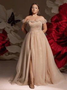 VIPGIRL Vestido de noche elegante de diseño de alta gama con hombros descubiertos, malla y estampado floral para tallas grandes