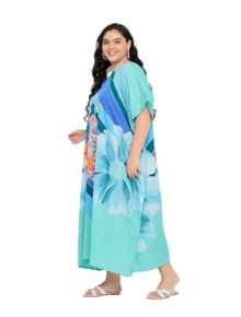 Gypsie Blu Floral Women Plus Size Kaftan Long Dress Beach Coverup Loungewear Housdress - 天藍色 - 查看 3