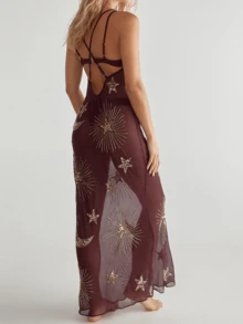 Sequin Long Dress For Women Summer Moon And Star Pattern Backless Spaghetti Strap Deep V Neck Sleeveless Dress - 棕色 - 查看 3