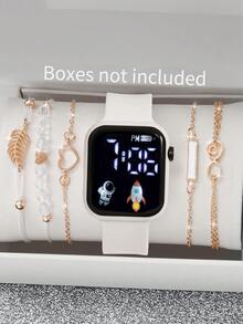 6 Stück/Set 1 Stück neue LED Digital Anzeige Quadratische Elektronische Uhr + 5/4 Stück Armband Schwarzes Seil Schwarze Perle Liebe Ziffer 8 Blatt Armband Vintage Stil Schwarzes Geometrisches Quadrat 5 Stück Armband Horoskop, Liebe, Geometrisches Quadrat, Blatt Armband Die beste Wahl für Halloween, Weihnachten, Valentinstag, Muttertag, Feiertagsgeschenke