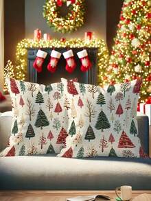 1/2/4Pcs Contemporary Polyester Christmas Tree Pillow Covers, Soft Festive Red And Green Design, Machine Washable With Zipper Closure, Perfect For Living Room, Bedroom Sofa, Holiday Decor,17.7x17.7inch
