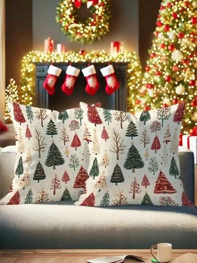 1/2/4Pcs Contemporary Polyester Christmas Tree Pillow Covers, Soft Festive Red And Green Design, Machine Washable With Zipper Closure, Perfect For Living Room, Bedroom Sofa, Holiday Decor,17.7x17.7inch