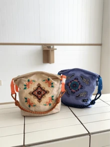 New Bucket Bag With Embroidery, Zipper Closure, Large Capacity, Suitable For Shoulder Wear, Commuting, Shopping, Sports, Casual, Festivals, Christmas Gift