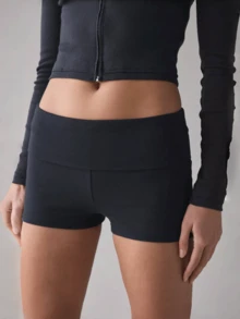 Women Y2k Fold Over Shorts Striped/Plaid/Solid Color Low Rise Stretch Lounge Shorts Boy Shorts Slim Fit Pajamas Bottoms Micro Shorts Sleepwear Summer Going Out Yoga Shorts Daily Casual Wear - 黑色 - 查看 1