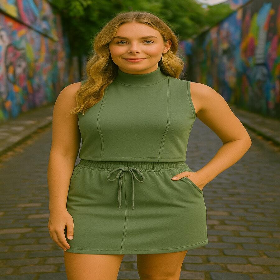 Stylish EVA Set – High Waist Skirt + Top With Optional Knot | Sizes S To G1 - Green Kiwi - View 1