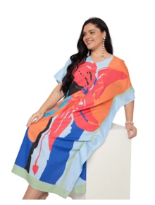 Gypsie Blu Abstract Plus Size Women Kaftan Dress Long Caftan Maxi Dress Beach Coverup Outfit - 橙色和藍色 - 查看 6