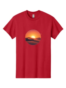 Camiseta gráfica para hombre "Atardecer en el desierto-2", 100% algodón, ropa casual cómoda de verano, lavable a máquina, ropa de viaje, atardecer sobre el desierto, tonos naranjas, dunas de , colores cálidos, cielo dramático, atmósfera tranquila, escenario natural, tonos vibrantes