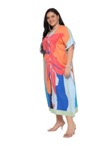 Gypsie Blu Abstract Plus Size Women Kaftan Dress Long Caftan Maxi Dress Beach Coverup Outfit - 橙色和藍色 - 查看 3