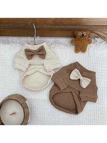 1 pieza Camisa de punto de gofre con corbatín de caballero, adecuada para caniche, maltés, perros pequeños y gatos - Beis - Ver 2