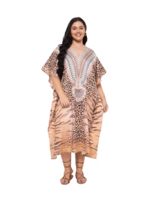 Gypsie Blu Kaftan Dress For Plus Size Women Loungewear Nightdress Summer Night Gown Maxi Length Caftan - 米色 - 查看 8