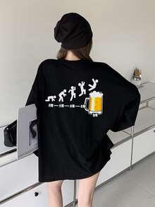 女式休闲宽松棉质卡通日本啤酒印花圆领长袖 T 恤，时尚百搭，春秋季 - 黑色 - 查看 3