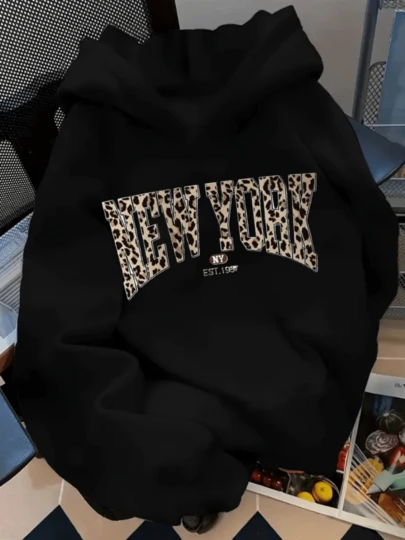 Sudadera hoodie sweatshirt dama mujer gorro capucha manga larga estampado New York NY leopardo cheetah animal print otoño invierno