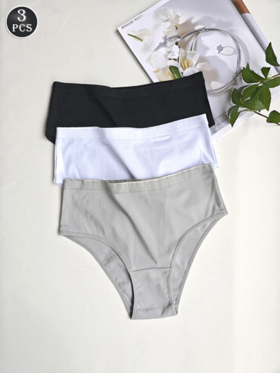 3pcs Women Black/White/Grey Solid Color Elegant Breathable Hipster Panties
