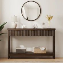 GIKPAL Fluted Console Table, 51" Narrow Entryway Table With 3 Drawers, Console Table Sofa Table With Storage Open Shelf, Modern Display Shelf For Hallway Living Room, Walnut - Quả óc chó - Xem 1