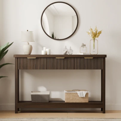 GIKPAL Fluted Console Table, 51" Narrow Entryway Table With 3 Drawers, Console Table Sofa Table With Storage Open Shelf, Modern Display Shelf For Hallway Living Room, Walnut
