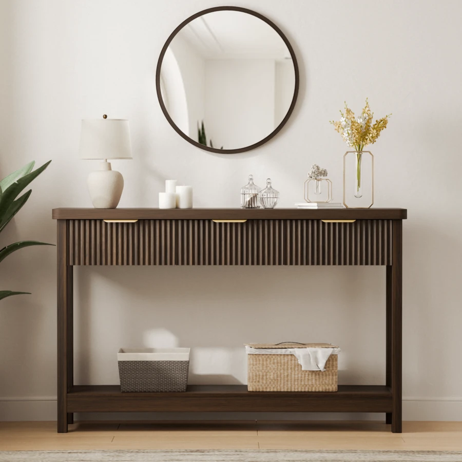GIKPAL Fluted Console Table, 51" Narrow Entryway Table With 3 Drawers, Console Table Sofa Table With Storage Open Shelf, Modern Display Shelf For Hallway Living Room, Walnut - Quả óc chó - Xem 1