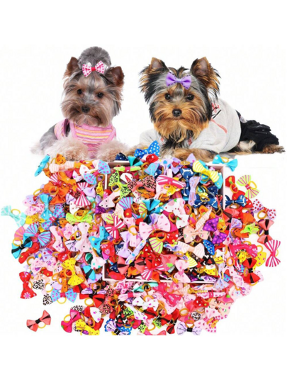 100 pezzi Assortimento di fiocchi per capelli a forma di cagnolino carino in colori casuali, con fiori, accessori per animali domestici, adatti per cani e gatti di piccola taglia, per uso quotidiano e adatti per molte occasioni