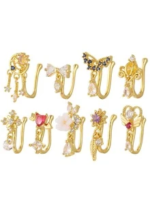9pcs U-Shaped Micro-Inlaid Zirconia Clip-On Nose Stud & Ear Cuff Adaptable Jewelry, European Style, Suitable For Daily Wear & Gift For Women