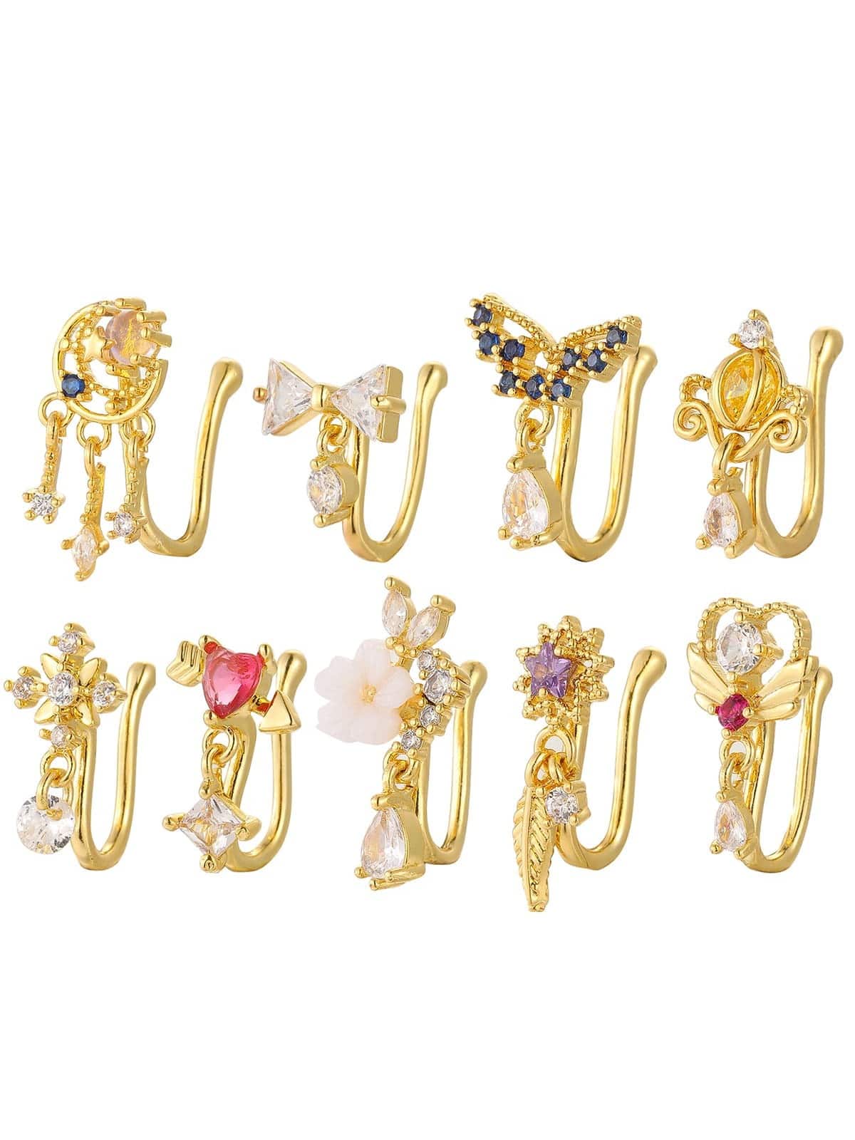 9pcs U-Shaped Micro-Inlaid Zirconia Clip-On Nose Stud & Ear Cuff Adaptable Jewelry, European Style, Suitable For Daily Wear & Gift For Women