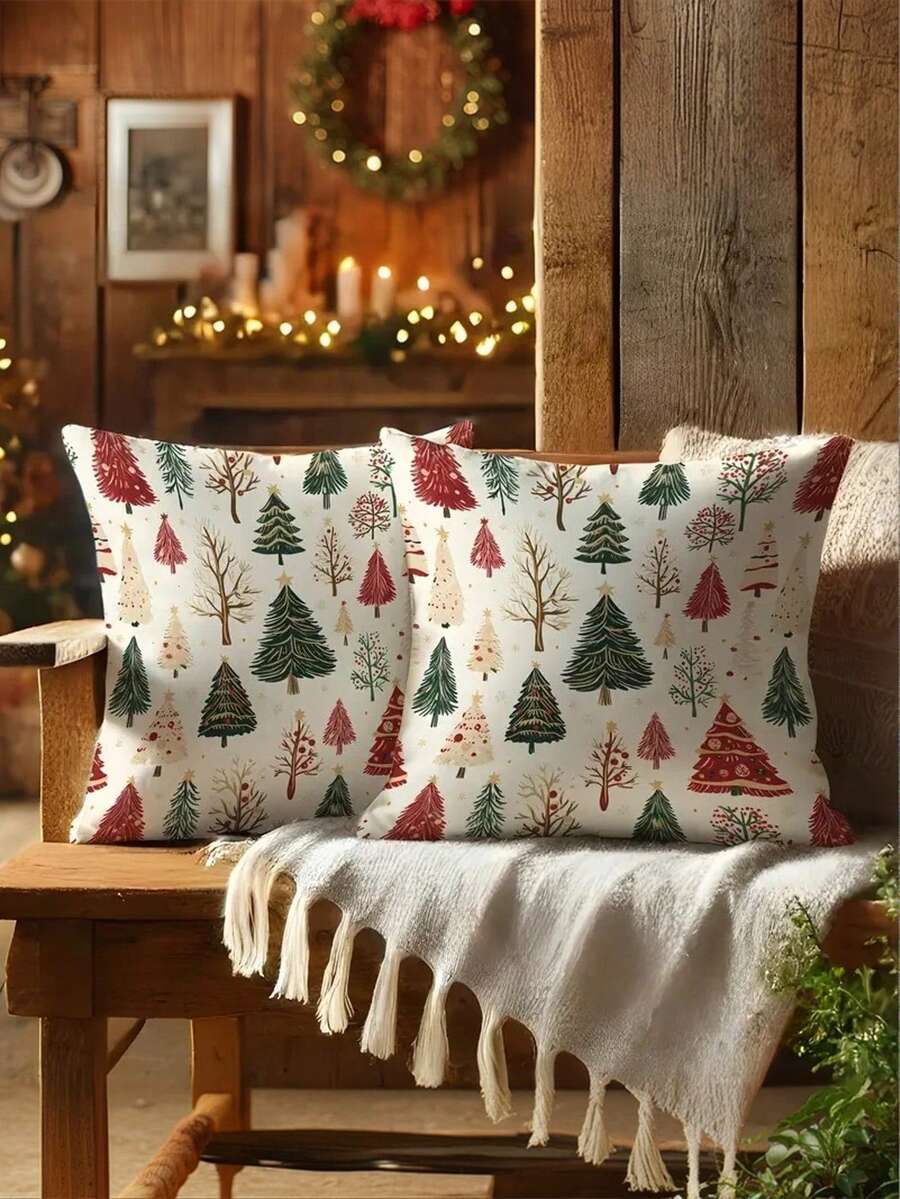 1/2/4Pcs Contemporary Polyester Christmas Tree Pillow Covers, Soft Festive Red And Green Design, Machine Washable With Zipper Closure, Perfect For Living Room, Bedroom Sofa, Holiday Decor,17.7x17.7inch