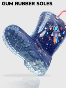 儿童防水雨靴轻便一脚蹬幼儿靴带手柄男童可爱户外玩耍鞋蓝色款 - 藏蓝色 - 查看 6