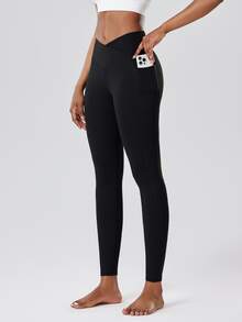 1 Quần legging nâng mông cạp cao cho nữ, thiết kế túi, cạp chữ V, quần tập yoga bó sát dùng để tập thể dục, chạy bộ, tập luyện, thể thao - màu đen - Xem 6