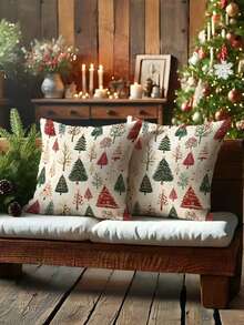 1/2/4Pcs Contemporary Polyester Christmas Tree Pillow Covers, Soft Festive Red And Green Design, Machine Washable With Zipper Closure, Perfect For Living Room, Bedroom Sofa, Holiday Decor,17.7x17.7inch