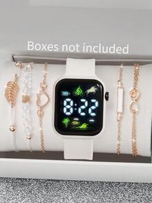 6 Stück/Set 1 Stück neue LED Digital Anzeige Quadratische Elektronische Uhr + 5/4 Stück Armband Schwarzes Seil Schwarze Perle Liebe Ziffer 8 Blatt Armband Vintage Stil Schwarzes Geometrisches Quadrat 5 Stück Armband Horoskop, Liebe, Geometrisches Quadrat, Blatt Armband Die beste Wahl für Halloween, Weihnachten, Valentinstag, Muttertag, Feiertagsgeschenke