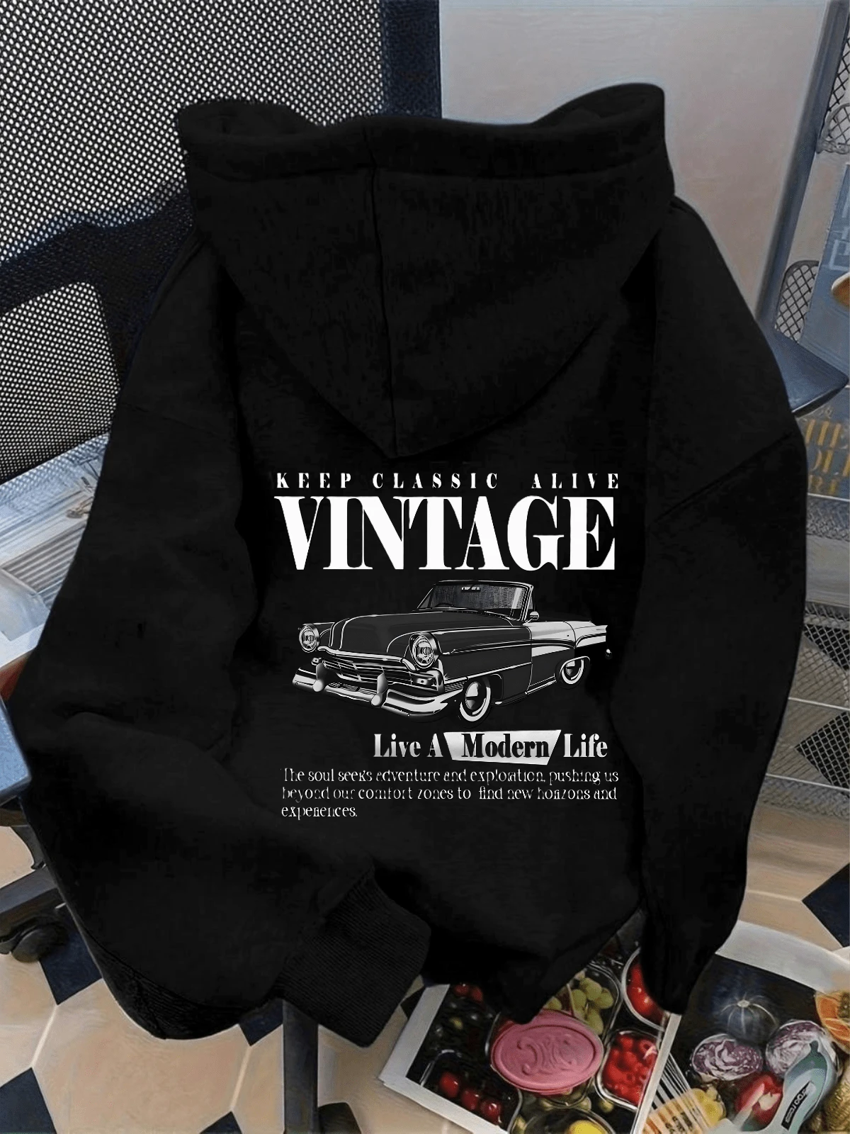 Sudadera hoodie sweatshirt dama mujer gorro capucha manga larga estampado vintage auto coche letras retro otoño invierno - Negro - Ver 1