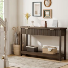 GIKPAL Fluted Console Table, 51" Narrow Entryway Table With 3 Drawers, Console Table Sofa Table With Storage Open Shelf, Modern Display Shelf For Hallway Living Room, Walnut - Quả óc chó - Xem 4