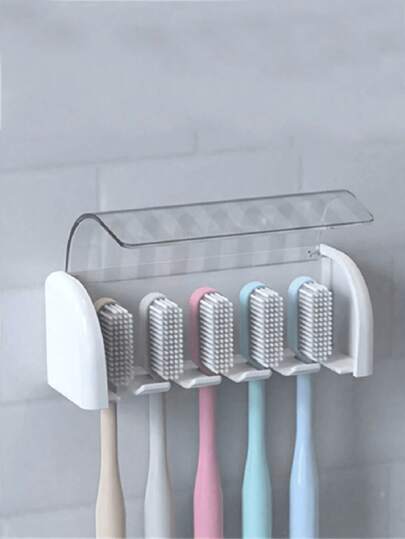 Wall Mounted Toothbrush Holder With Cover, Electric Toothbrush Stand, Bathroom Toothpaste Storage Rack, 2/5/6 Slots Self-Adhesive Toothbrush Organizer, Bathroom Storage Accessories (White, Blue, Pink)