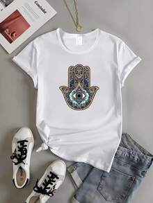 Una camiseta de manga corta de estilo bohemio para mujer - diseño elegante de la mano de Hamsa y el ojo, blusa de cuello redondo con mangas elásticas, lavable a máquina, camisa casual para todo el año.,Camiseta unisex - Blanco - Ver 3