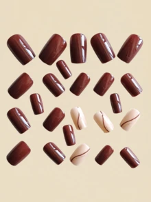 Unhas de Comprimento Médio Formato Quadrado Europeu, Arte de Unhas da Moda para Ano Novo, Primavera e Verão, Adesivos de Arte de Unhas em Cor Sólida Vermelha e Listrada, 24 Adesivos de Unhas Destacáveis, Belos Adesivos de Unhas Postiças, Adesivos de Unhas para Colar, Unhas Quadradas para Colar