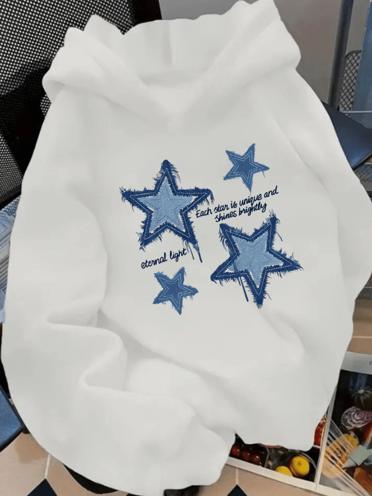 Sudadera hoodie sweatshirt dama mujer gorro capucha manga larga estampado estrellas mezclilla letras azul otoño invierno - Blanco - Ver 1
