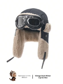 1pc Men's Goggles & Earflap Hat, Thick Windproof Outdoor Ski Hat, Warm Versatile Cold Weather Cap, Loose Fit