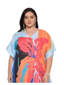 Gypsie Blu Abstract Plus Size Women Kaftan Dress Long Caftan Maxi Dress Beach Coverup Outfit - 橙色和藍色 - 查看 4