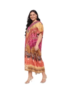 Gypsie Blu Plus Size Kaftan Dress For Women Loungewear Nightdress Summer Night Gown Maxi Length Caftan - 黃色和粉紅色 - 查看 3
