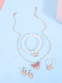 5件套优雅时尚首饰套装：珍珠手链、戒指、蝴蝶吊坠项链、耳环，适合作为生日/节日礼物或日常佩戴（盒子仅供展示） - 淺粉色 - 查看 7