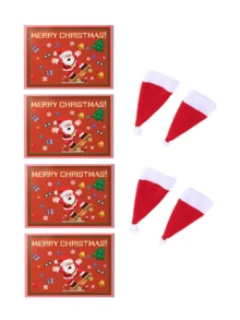 Christmas Themed Placemat With Christmas Hat Cutlery Rack, Featuring Santa Claus Printed On The Placemat, Creating A Festive Atmosphere, Mini Non-Woven Fabric Santa Claus Silverware Holders, Lollipop & Wine Bottle Toppers Decor, Dinner Table Decor For Christmas Party, Thanksgiving, And Other Festive,Easy To Clean, Durable And Wear-Resistant,Reusable, The Best Decoration For Christmas, Christmas Gift, Christmas Home