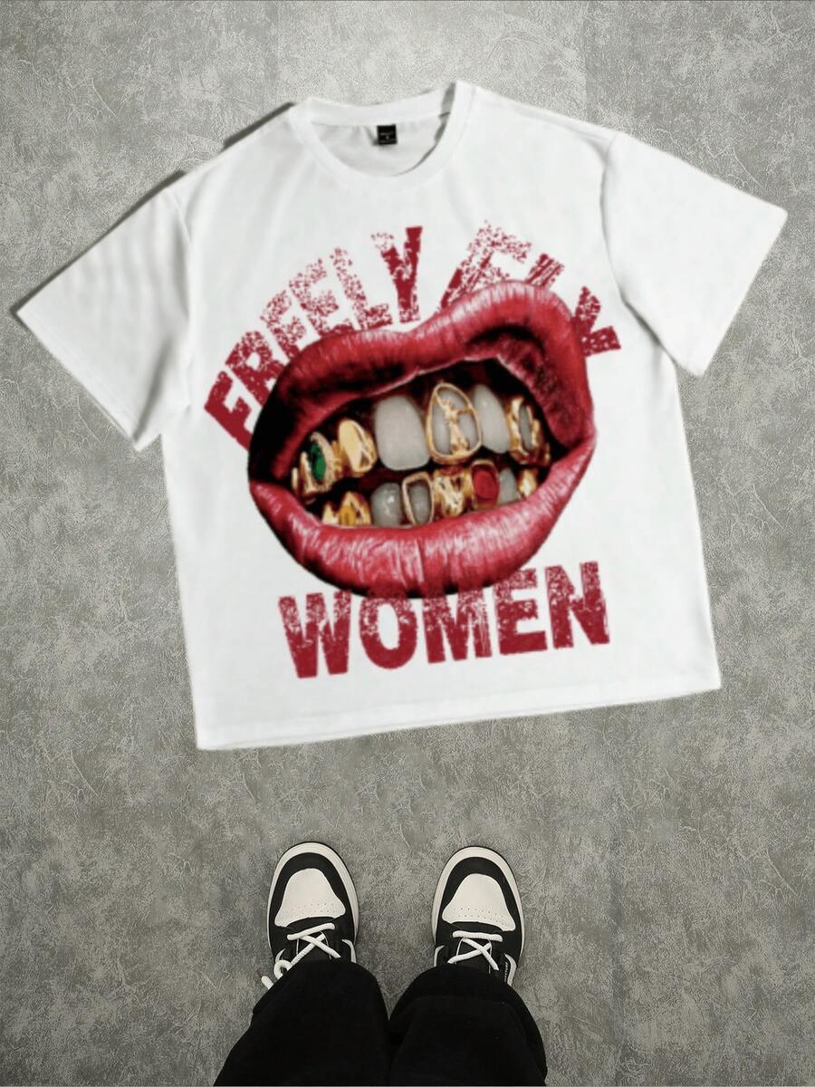 Women's Plus Size Casual T - Shirt With "FREELY FLY WOMEN" Lip & Gold Teeth Graphic Casual Soft Short Sleeve Pure Cotton 220gsm T-Thirt - trắng - Xem 1