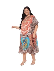 Gypsie Blu Kaftan For Plus Size Women  Beach Swimsuit Coverup Lounge Wear Housedress Long Caftan - 亮橙色 - 查看 3