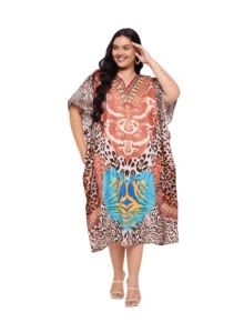 Gypsie Blu Kaftan For Plus Size Women  Beach Swimsuit Coverup Lounge Wear Housedress Long Caftan - 亮橙色 - 查看 8