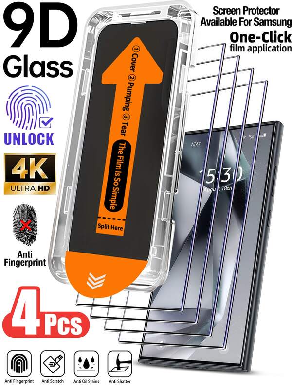Yezodawee 4片装全覆盖钢化玻璃屏幕保护膜，带自动清洁功能，防窥钢化玻璃膜，无气泡，易于安装，9H硬度屏幕保护膜，钢化玻璃材质，简易安装套装，兼容手机壳，适用于三星Galaxy S25 Ultra、S24+、S23、S22、S21系列