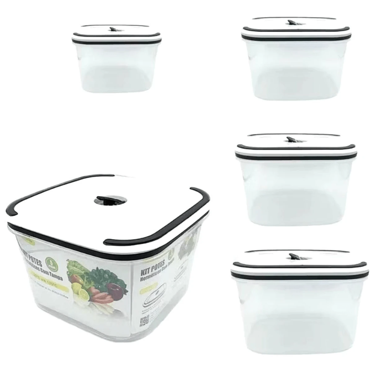 Kit 4/5 Potes Herméticos De Plástico Retangular Com Tampa De Vedação Uso Em Freezer E Micro-ondas. - Transparente - Visão 1