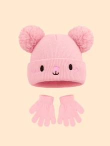 6pcs/2pcs Baby Cute Expression Pom Pom Knit Hat & Knit Fingerless Gloves Set, Boys Girls Winter Warm Cold-Proof Outfit, Suitable For Autumn/Winter Outdoor Fashion Matching, Great As Gift - Multicolor - View 5