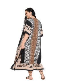 Gypsie Blu Animal Kaftan Dress Plus Size Beach Cover Up Vacation Elegant Caftan For Ladies - 米色 & 黑色 - 查看 5
