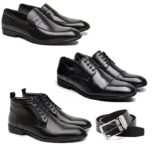 Formal Shoes And Casual Ankle Boots All In Genuine Noble Leather Rubber Sole Super Kit With 3 Pairs Plus Double-Sided Synthetic Belt In Black And Coffee - 黑色 - 查看 1